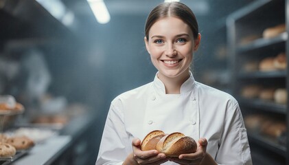 Baker in white uniform holds and offering fresh bread in bakery shop