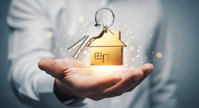 Businessman holding golden house keychain and keys: real estate concept