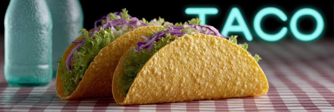 retro diner aesthetic, neon-style typography banner with checkered tabletop, tacos, retro lighting, and a vintage texture for a nostalgic feel