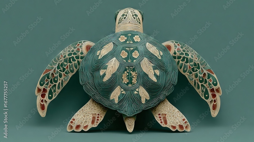 Poster a close-up photo of a vase featuring a turtle and bird resting on its back