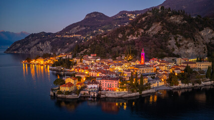 Sunset view of Varenna town situated at lake Como in Italy