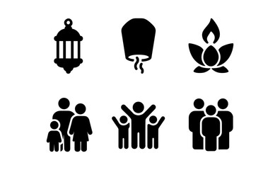 Silhouette icons of lantern, lantern festival, lotus, and family gatherings