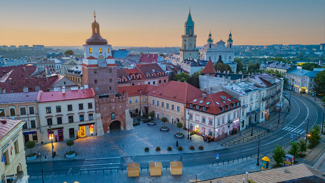 Sunrise panorama of the Krakow gate in Lublin, Poland