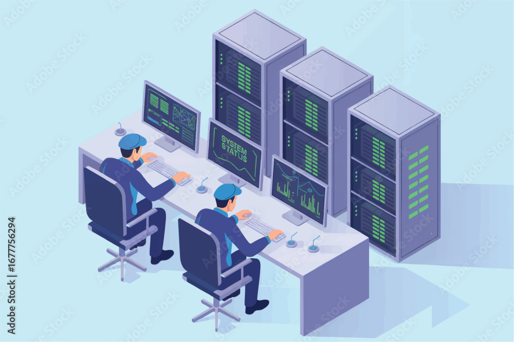 Fototapete data center operations technicians monitor server racks and computer screens in isometric view for i