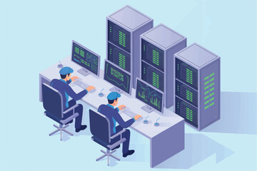 Data center operations technicians monitor server racks and computer screens in isometric view for it services and network management transparent background