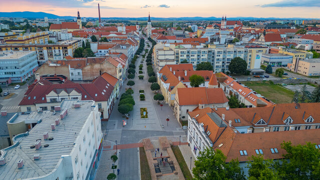 Sunset panorama of Hlavna street in Trnava, Slovakia