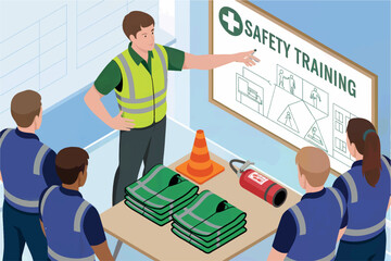 Workplace safety training session with instructor presenting key protocols on a whiteboard to attendees transparent background