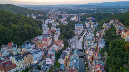 Obraz premium Sunset panorama view of Tepla river and Thermal hotel in karlovy