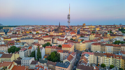 Sunset view of Zizkov TV tower overlooking Prague, Czech republi
