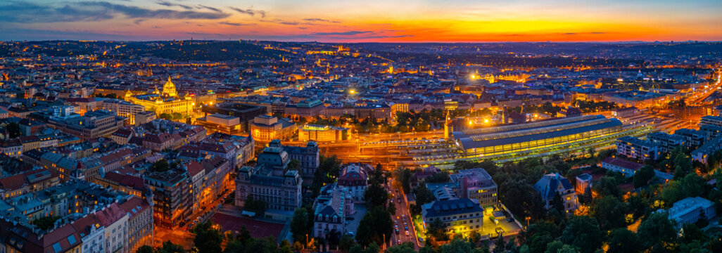 Sunset view of Prague from Rieger orchards in Prague, Czech repu