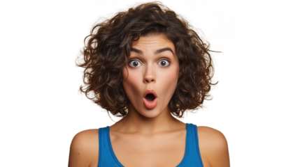 Surprised young woman with curly hair, mouth open in shock, isolated on transparent background