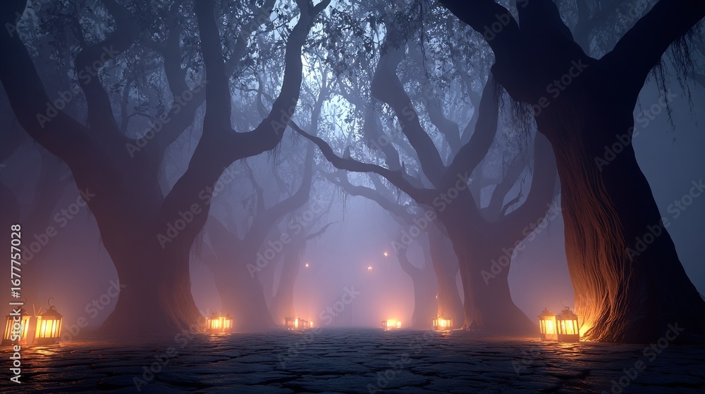 Poster a foggy night illuminated by lanterns amidst a dense forest of towering trees on a cobblestone path