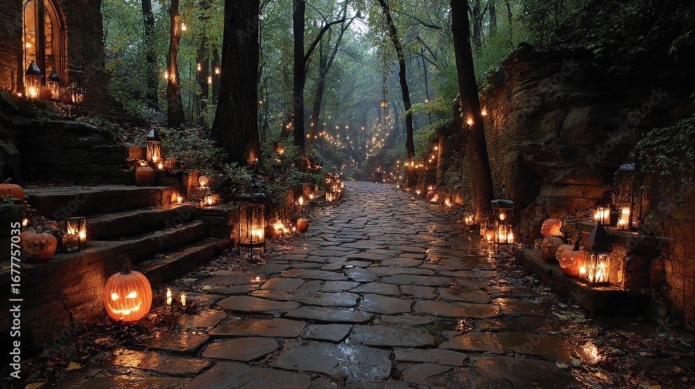 Poster a cobbled stone path is adorned with lit pumpkins on either side and has steps that lead up to a set