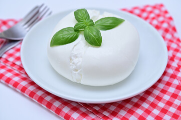 burrata cheese with basil on a plate on a red white napkin close up 
