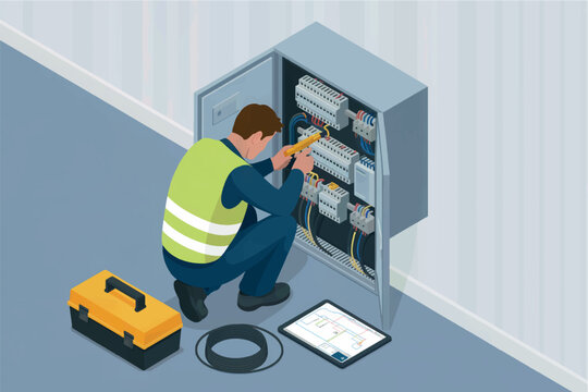 Skilled electrician in safety vest meticulously repairs electrical panel in isometric perspective showing professional maintenance services. transparent background