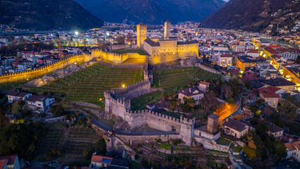 Sunset view of Bellinzona with Castelgrande, Switzerland © dudlajzov