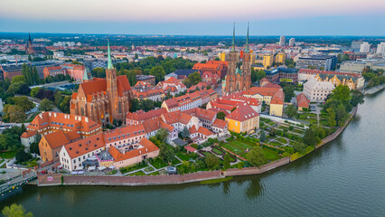 Sunset view of church of the Holy Cross and St Bartholomew and c