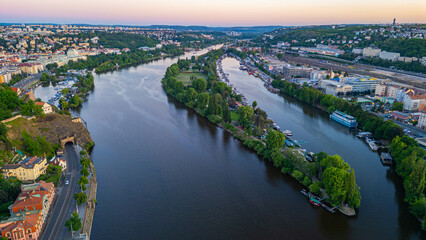 Obraz premium Sunset aerial view of Cisarska louka island in Prague, Czech rep