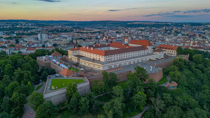 Fototapeta premium Sunset panorama of Brno with Spilberk, Czech republic