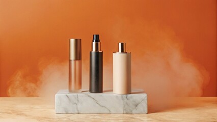 Three bottles of perfume are displayed on a marble countertop