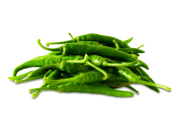 heap of fresh organic green chili pepper or chilli, cutout in transparent background, png format