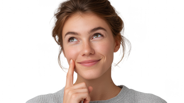 Young woman with curly brown hair touching her chin and looking up, isolated on transparent background