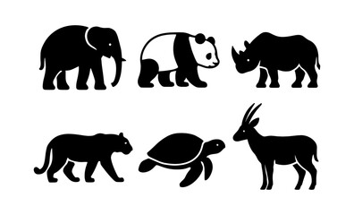 Naklejka premium Silhouette icons of wild animals: elephant, panda, rhino, panther, turtle, antelope