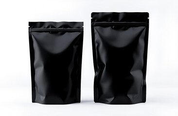 Blank craft plastic pouch, packages big and small on white background, mylar bags isolated for coffee or food, cosmetic products, snack, candy. Different sizes, mock up. white background. 