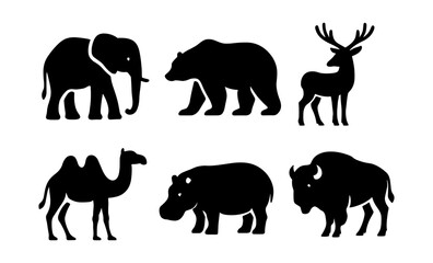 Fototapeta premium Silhouette wildlife: elephant, bear, deer, camel, hippo, bison in bold animal forms