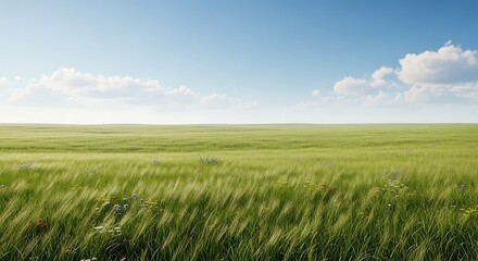 Fototapeta premium Green field under blue sky with clouds.