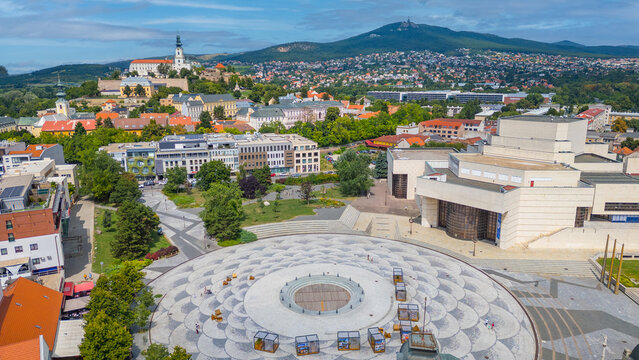 Panorama view of Nitra castle overlooking Svatoplukovo square in