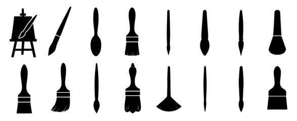 Silhouette set of artistic paintbrushes and easel icons for creative projects