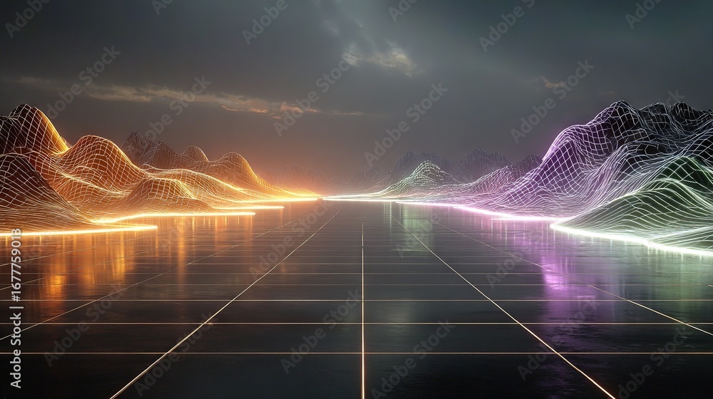 Poster a photo of a mountainous scene with a row of lights in front