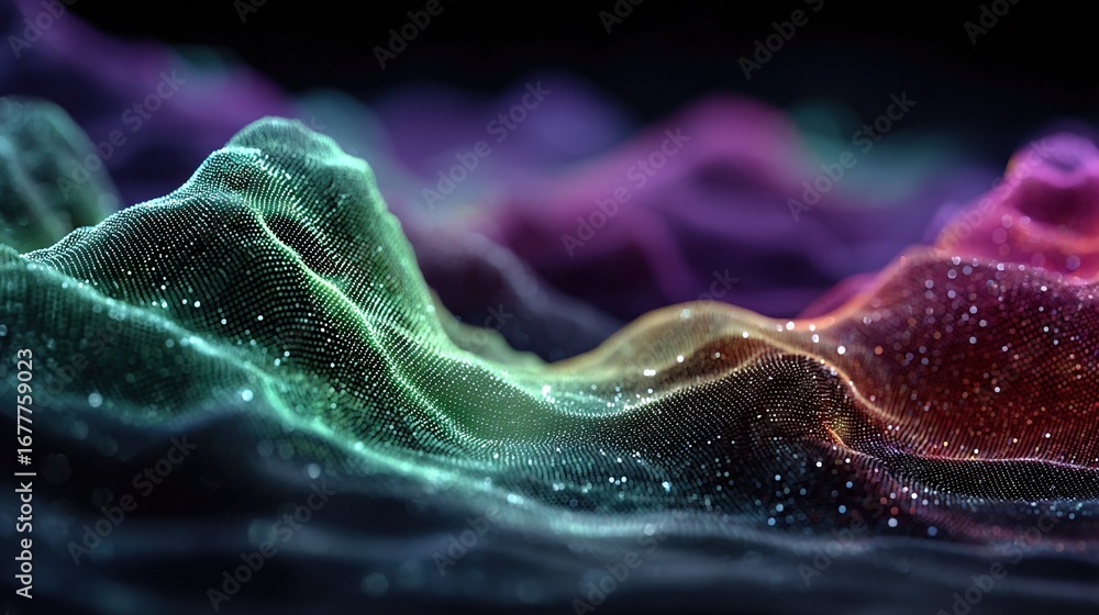 Poster a well-rendered digital image of a wave on a dark canvas, featuring an array of vibrant hues - red, 
