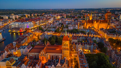 Sunset aerial view of the city center of Gdansk, Poland