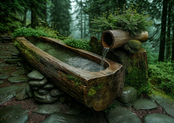 A serene forest landscape with a rustic wooden watering hole, carved from a log, from which fresh spring water slowly flows. The watering hole is surrounded by lush moss, rocks.