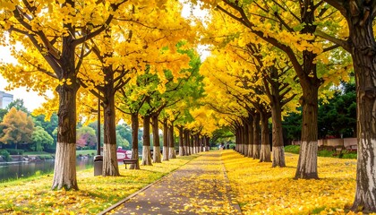 Fototapeta premium Golden autumnal trees lining a path