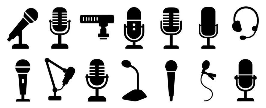 Silhouette set of various microphones and audio equipment icons for diverse audio needs