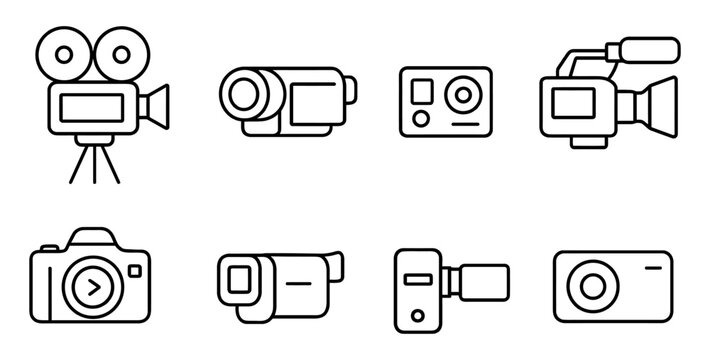 Linear icon set of video cameras and photography equipment variety
