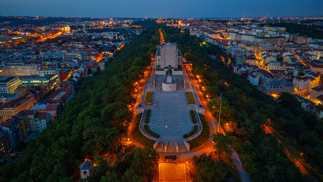 Sunset panorama view of Vitkov memorial in Prague, Czech republi