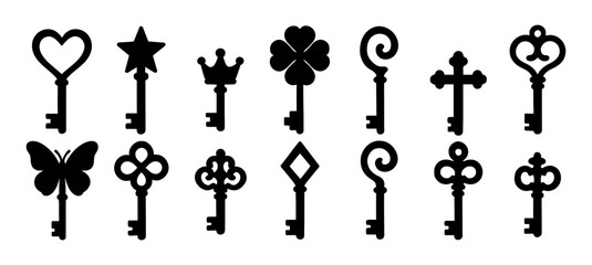 Set of black silhouette antique key icons for vintage design