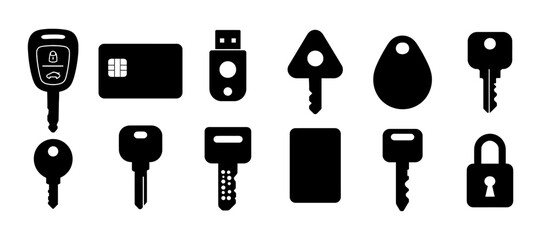 Silhouette set of keys and locks including usb, car, and digital key card