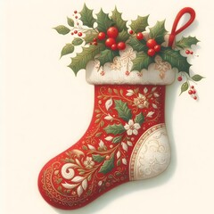 A Christmas stocking with cherries and decorations