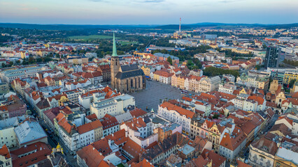 Obraz premium Sunset panorama of old town of Pilsen, Czech republic