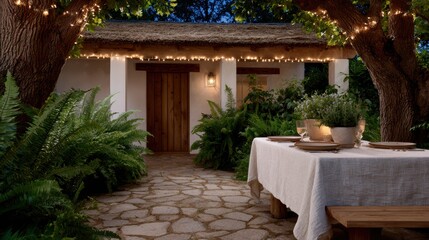 Fototapeta premium outdoor sukkah celebration, a glowing sukkah in a garden, adorned with fairy lights, set with festive dishes, visible family through the entrance, a cinematic scene