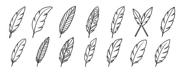 Set of hand drawn feather designs in linear style for creative projects