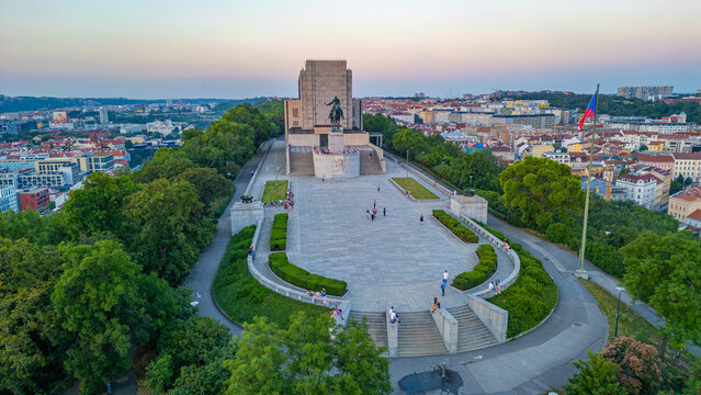 Sunset panorama view of Vitkov memorial in Prague, Czech republi