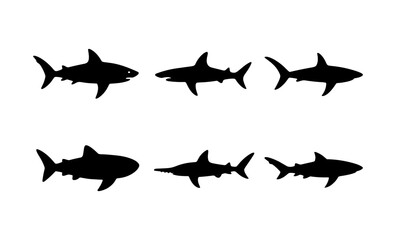 Fototapeta premium Shark silhouette set: diverse marine predators in simple black shapes