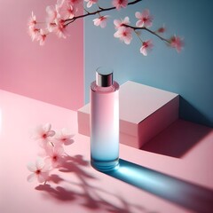 perfume bottle with rose with pink background