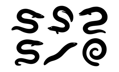 Set of black snake silhouettes in various curved poses on white background